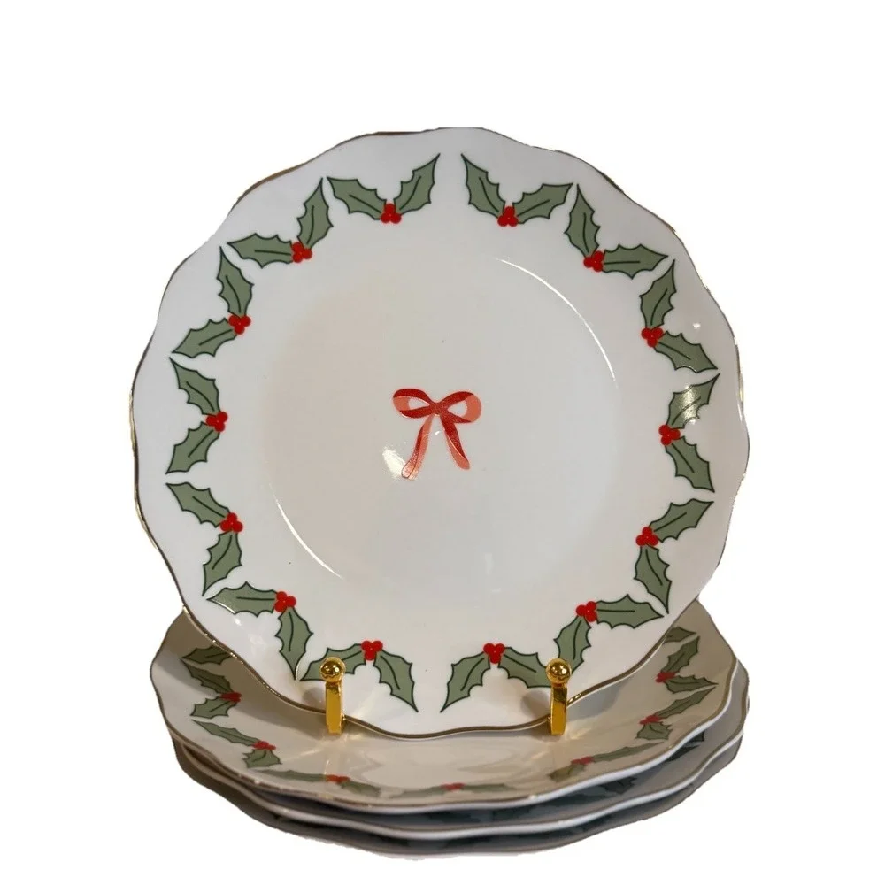 Godinger Set-4 Christmas Salad/Dessert Holly And Red Bow App Plates Rare